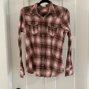 We The Free Flannel Plaid Western Shirt Small Lace up pearl snap gauzy Cotton FP